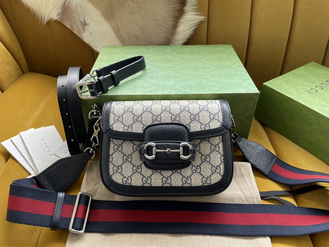 Gvc*1 horsebit 1955 mini bag black beige gg svp*me canvas ‎658574 - 20.5x14.5x5cm